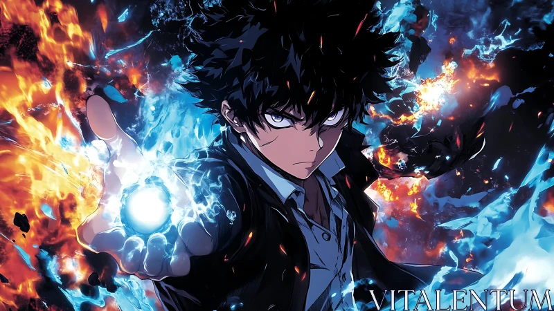 Anime sorcerer commands blazing fire and blue energy spheres.