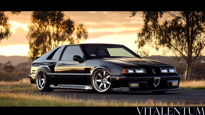 Lowered black sports coupe parked on rural roadside at dusk.