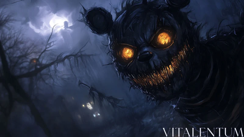 Night scene shows decayed bear figure with glowing eyes