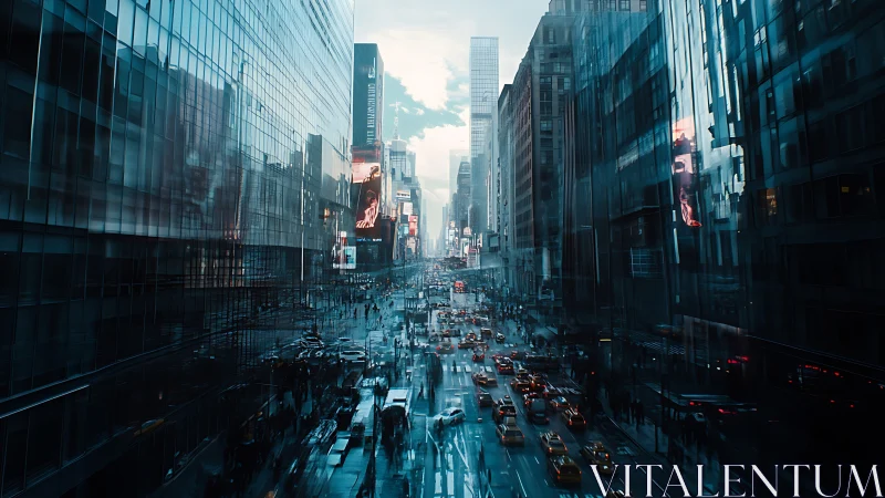 Urban avenue shows dense traffic between reflective towers