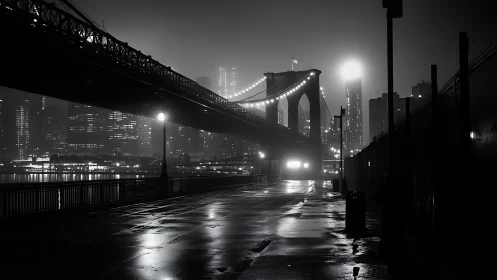Quiet city bridge glowing softly in the misty night.