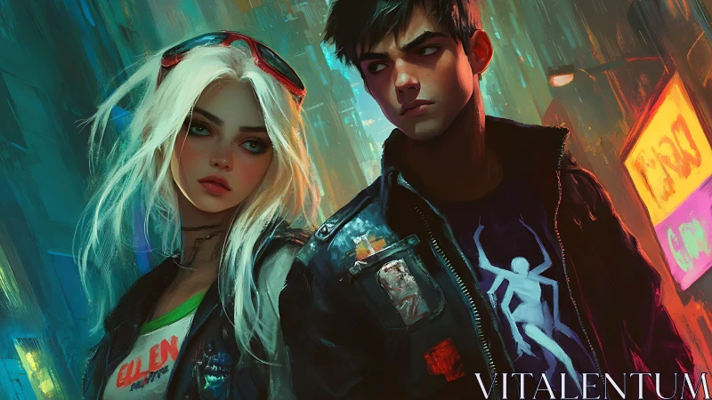 Cyberpunk duo stands in neon alley with stylized painterly lighting