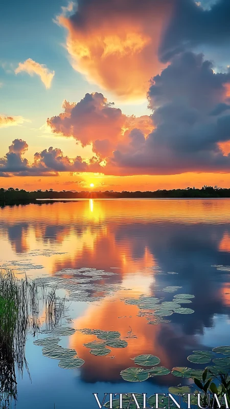 Sunset clouds mirror over lily pads on tranquil lake surface.