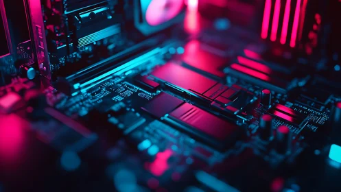 Neon-lit PC motherboard with futuristic circuit layout.