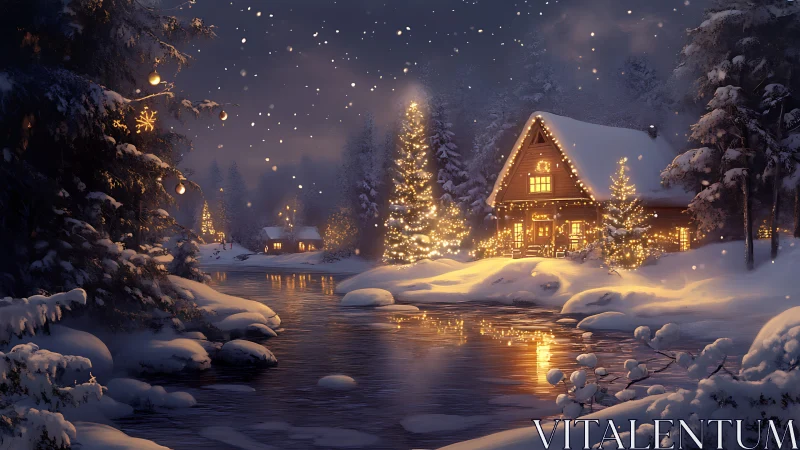 Snowlit river cradles a cabin wrapped in festive glow tonight