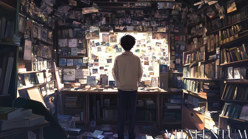 Memory-lit investigator studies a wall of glowing paper constellations