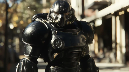 Armored exosuit sentinel in sunlit urban depth-of-field shot.