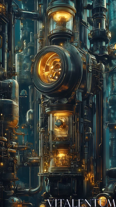 Glowing brass engine towers in a dreamy sci fi workshop.