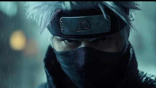 Masked ninja warrior glares through rain-soaked twilight streets.