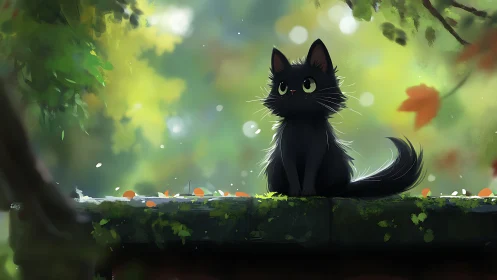 Black cat with luminous eyes sits alert on moss-covered platform
