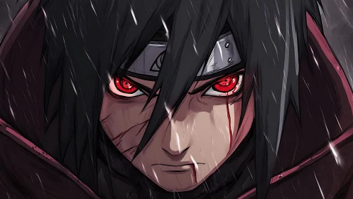 Crimson storm eyes carve fury through the hammering rain