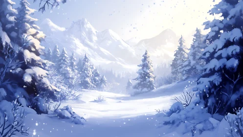 Snow-laden pine forest before distant sunlit mountains.