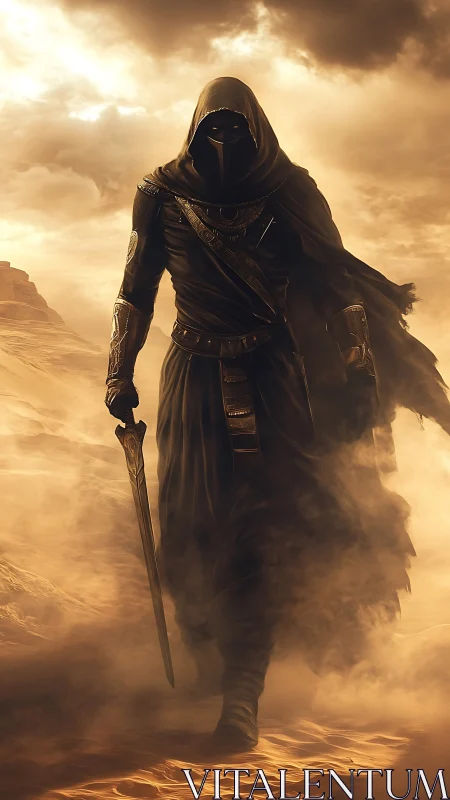 Desert guardian strides through swirling golden storm sands