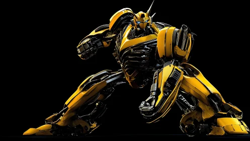 Dynamic yellow combat mecha in crouched attack stance.