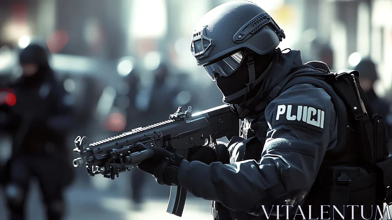 Heavily armed tactical police officer in urban operation.