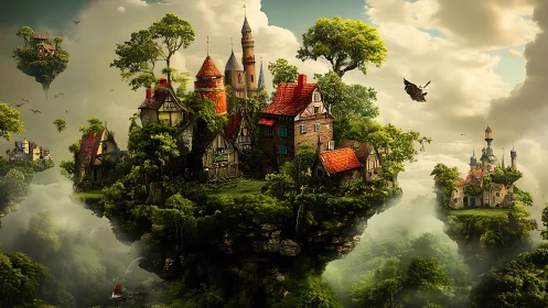 Floating medieval village islands in dense green landscape.