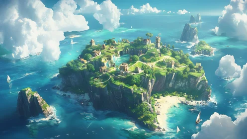 Floating Archipelago Kingdom: Fantasy Landscape in Aerial Perspective.