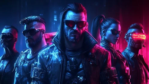 Neon-lit cyberpunk team stands ready in bold futuristic style