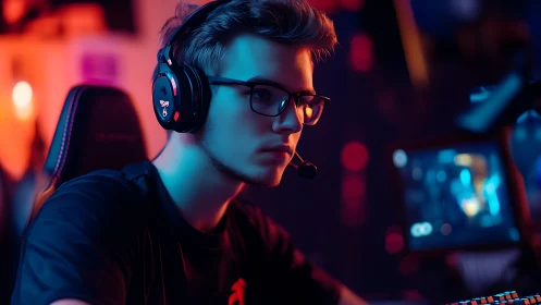 Focused gamer leans into an immersive neon lit streaming setup