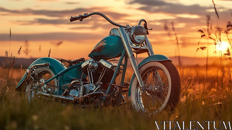 Custom teal chopper motorcycle rests in warm sunset field