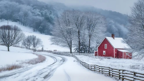 Red farmhouse stands beside snowy curved road in winter