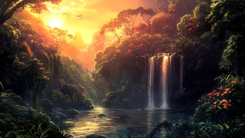 Sunlit jungle waterfall glows in a serene hidden valley.