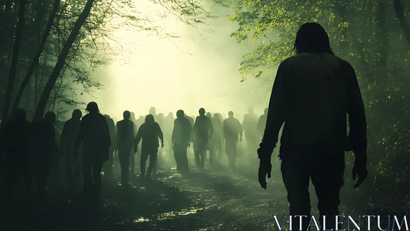 Backlit forest horde advancing through volumetric green mist.