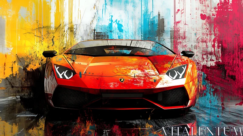 Flaming supercar crowned in splattered street-paint glory.