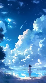 Girl observes coastal night sky with meteor over illuminated sea