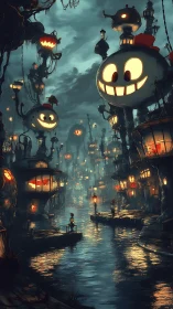 Nocturnal canal city with luminescent grinning orb towers.