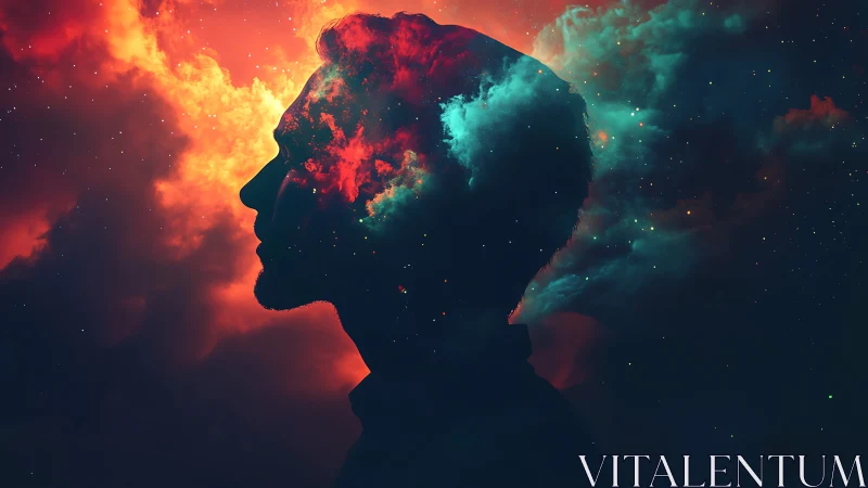 Silhouette of man blended with vivid cosmic nebula clouds.