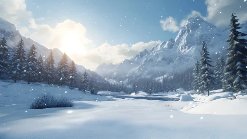 Winter sunlight drifting over quiet snowbound mountains.