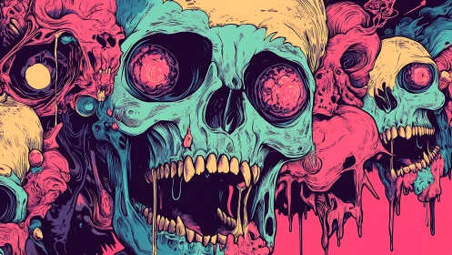 Neon skull cluster with liquefied forms and toxic gradients.