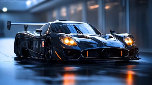 Aerodynamic GT endurance racer under controlled pit lighting.
