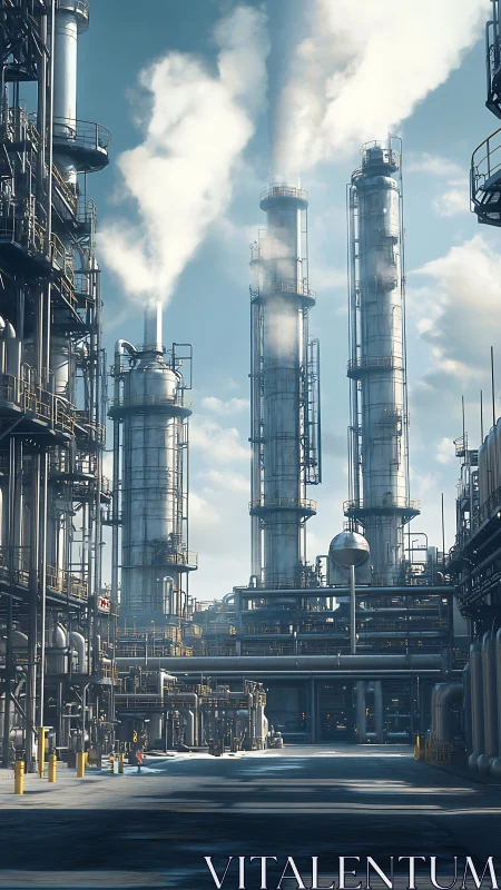 Industrial refinery stacks emit steam into clear blue sky