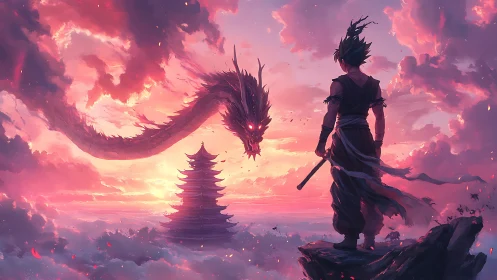 Warrior observes serpentine dragon above pagoda at sunset