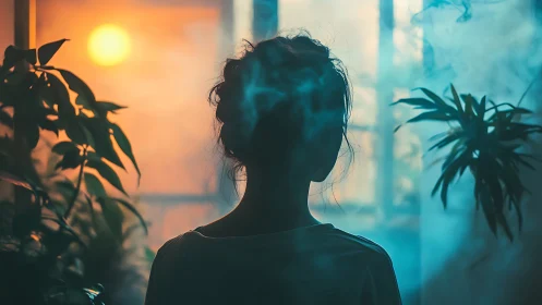 Silhouetted woman between warm sunset and cool misty light.