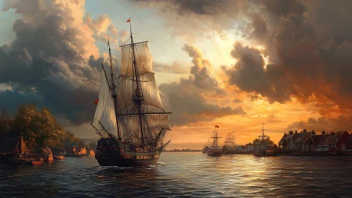 Tall ship departs harbor under dramatic sunset clouds