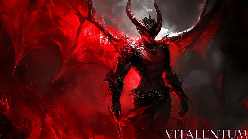 Infernal winged entity in high-contrast crimson turbulence.