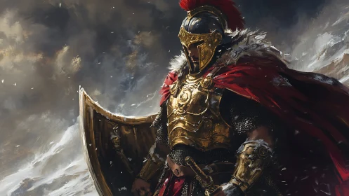 Roman-style warrior in golden armor on stormy battlefield.