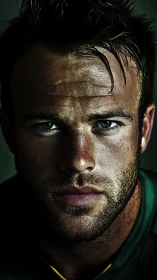 Intense male portrait under dramatic low key directional light.