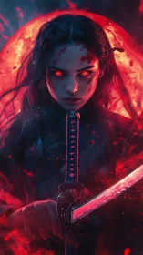 Blood-red eyed warrior before burning crimson moon.