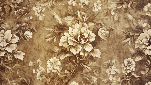 Sepia garden whispers on timeworn vintage floral wallpaper.