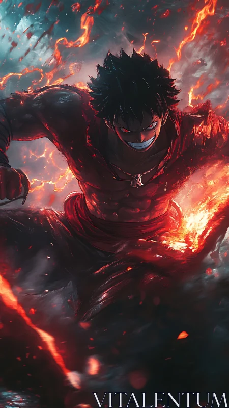 Fiery anime warrior mid-charge in molten ember vortex