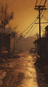 Deserted city alley glows under eerie amber fallout light.