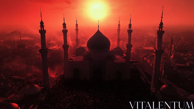 Digital painting of sunset mosque silhouette with radial lightscape.