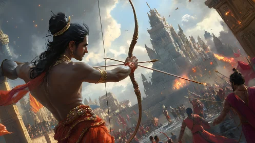 Heroic archer steadies his bow against a burning temple city