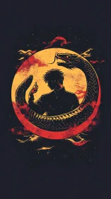 Silhouetted figure with coiled serpent against red sun.