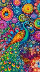 Radiant peacock glowing amid swirling rainbow galaxies.