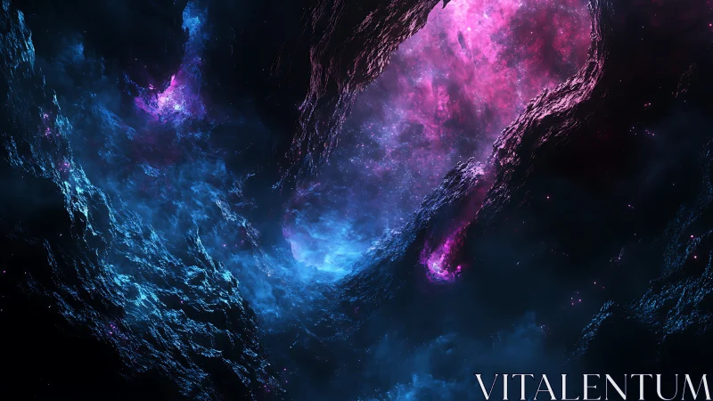 Cosmic nebula gorge glows with electric blue and magenta light